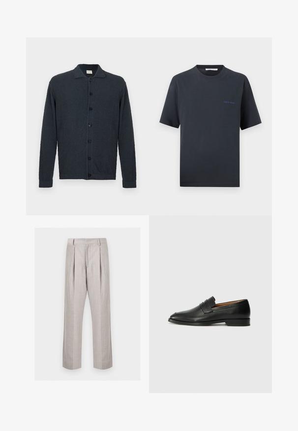 Dark navy blue button-up cardigan with long sleeves, collar, and textured fabric, displayed on a plain white background.; Black short-sleeve crewneck t-shirt with small blue "Tiger of Sweden" logo on left chest against a plain background.; Light gray pinstriped pleated trousers with belt loops and straight legs, displayed on a white background.; Black leather loafer with a rounded toe, subtle stitched detailing, and a low heel, featuring a smooth texture and minimalist design.
