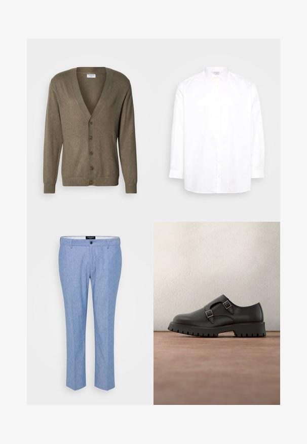 Khaki cardigan med V-hals, lange ærmer, ribstrikkede manchetter og kant, med seks knapper foran og en blød tekstur.; Hvid langærmet skjorte med knapper lavet af bomuld. Har en spids krave og seks knapper fortil. Glat tekstur, normal pasform.; Lyseblå bukser lavet af tekstureret stof, med lige snit, bæltestropper og en enkelt lukning foran med knap.; Sort lædersko med dobbelte spænderemme, rundet tå og tekstureret, tyk gummisål. Minimalistisk design med kontrasterende blåt indre.
