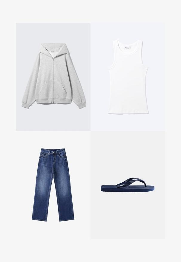 Sweat à capuche gris zippé avec une grande capuche, coupe surdimensionnée, poche kangourou, poignets et ourlet côtelés. Fabriqué en tissu de coton doux et texturé.; Débardeur blanc côtelé sans manches avec encolure ronde et une petite étiquette indiquant "WEEKDAY" à l'intérieur du col.; Jean en denim bleu à coupe droite avec poches avant et arrière, passants de ceinture et fermeture par bouton à la taille.; Sandale tong en caoutchouc bleu foncé avec semelle texturée et bride en forme de Y sur un fond clair uni.