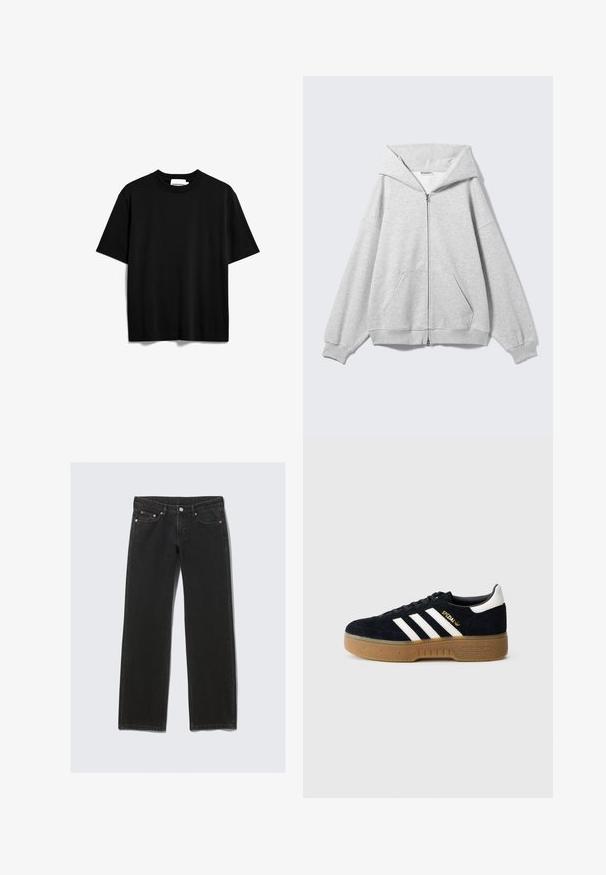 Sudadera gris con cremallera, capucha grande, ajuste oversize, bolsillo tipo canguro, puños y dobladillo acanalados. Fabricada con algodón suave y texturizado.; Camiseta de manga corta negra hecha de algodón. Presenta un cuello redondo y un corte relajado con una textura suave y mate. Sin patrones o logotipos visibles.; Vaqueros negros de corte recto con cinco bolsillos, cierre de botón y presillas para cinturón, mostrados planos sobre un fondo claro.; Zapatilla de ante negra con tres franjas blancas y logotipo dorado. Suela de goma con agarre texturizado. Diseño clásico de corte bajo, punta redondeada.