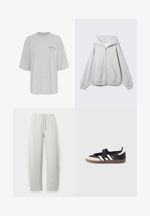 Grå hættetrøje med lynlås, stor hætte, oversize pasform, kængurulomme, ribstrikkede ærmer og kant. Lavet af blødt, tekstureret bomuldsstof.; Grå oversized t-shirt lavet af bomuld, med rund hals, korte ærmer og et trykt logo i marineblå, der læser "BALL THE JEANS".; Lysegrå joggingbukser med elastisk linning og snørre. Stoffet har en blød tekstur og lige, løstsiddende ben.; Sort og beige sko med velcrolukning, tre hvide striber på siden og en tekstureret brun gummisål. Mærkelogo er synligt.