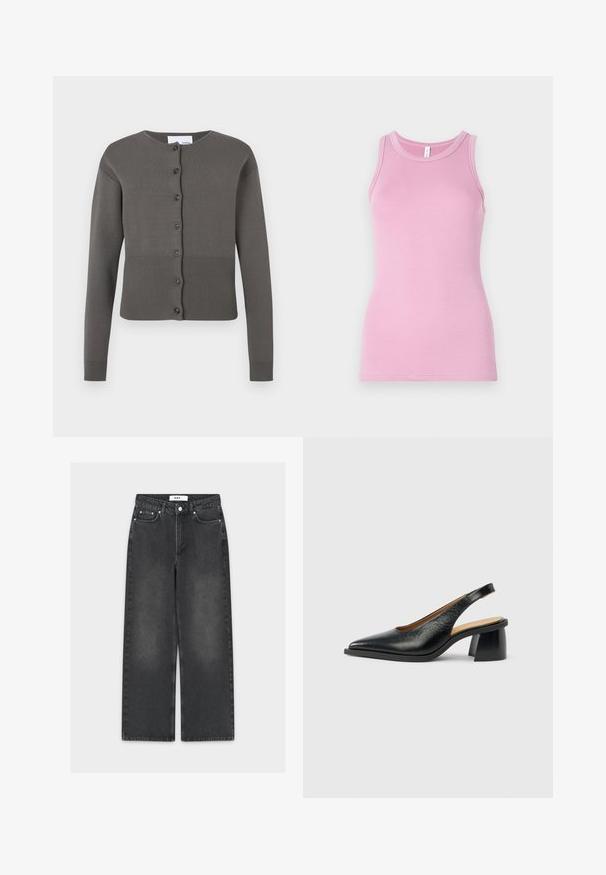 Grå strikket cardigan med rund hals, lange ærmer og knaplukning foran. Har ribbet kant og ærmekanter.; Rosa tanktop med en tætsiddende design, der har en rund halsudskæring og ribbet tekstur. Ingen mønstre eller accenter til stede.; Sorte jeans med vide ben i denim med en falmet finish, der har lukning med knap og lynlås, fem-lomme-design og kontrasterende syninger.; Sort læder slingback-sko med spids tå og en chunky, geometrisk hæl. Overfladen ser glat og poleret ud.