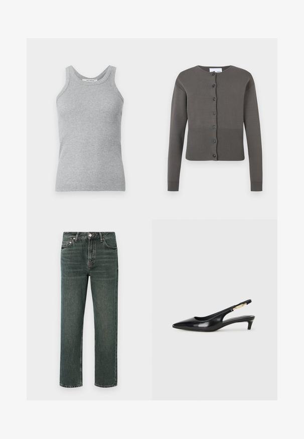 Cardigan en maille grise avec col rond, manches longues et fermeture boutonnée à l'avant. Comprend un ourlet et des poignets côtelés.; Débardeur gris à côtes avec un col rond et des bretelles larges. Le tissu a une texture douce et une silhouette ajustée.; Jean en denim vert foncé à coupe droite, présentant un design classique à cinq poches, des coutures visibles et une fermeture à bouton à la taille.; Talons hauts en cuir noir avec un bout pointu, dotés d'un talon fin et d'un accent en ton or sur la lanière réglable. Texture lisse.