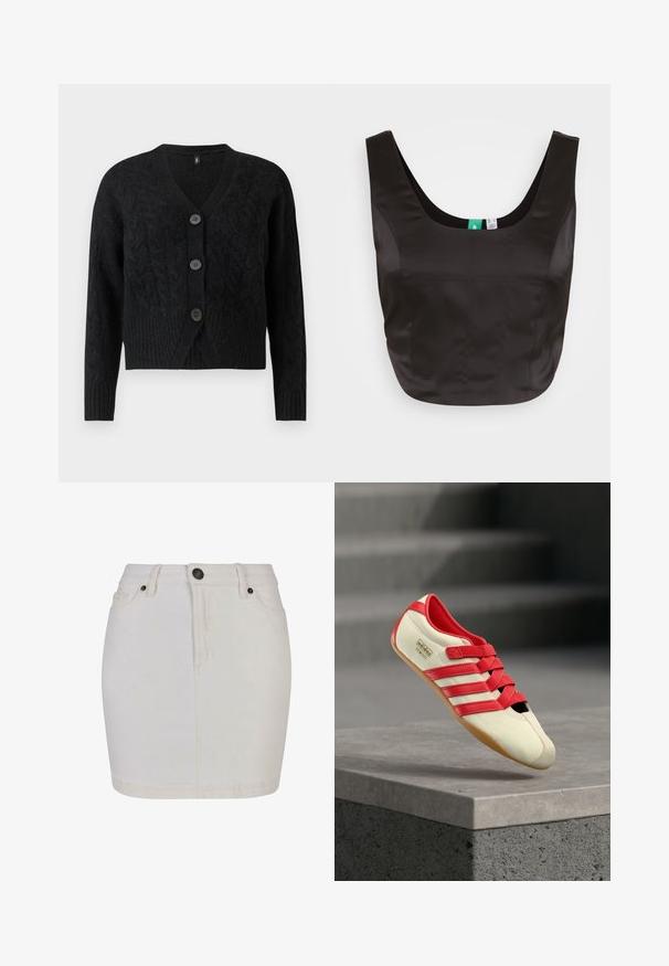 Čierny cardigan vyrobený z textúrovaného pleteného materiálu, s V-výstrihom, dlhými rukávmi a štyrmi veľkými buttonmi vpredu.; SOMETHINGNEW SNROSALIND CORSAGE - Blúzka - black; Biela denimová mini sukňa s vysokým pásom s prednými gombíkmi a zipsom, opaskovými očkami a dvoma prednými vreckami.; Červená a krémová športová topánka s tromi červenými pásikmi, mäkkým zvrškom, gumovou podrážkou a suchými zipsami. Má elegantný, nízkoprofilový dizajn.