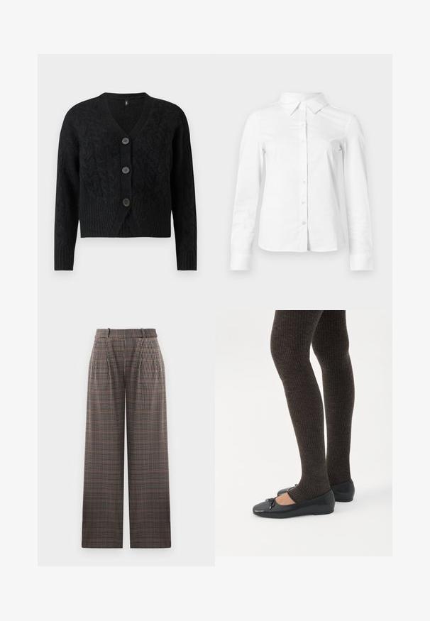 Sort cardigan lavet af tekstureret strikstof, med V-hals, lange ærmer og fire store knapper fortil.; Hvid skjorte med lange ærmer, knapper, spids krave, lige kant og tætsiddende silhuet, vist på en ensartet lys baggrund.; Rude bukser med bred benform, der har læg, høj talje og en blanding af brune, sorte og lyseblå farver.; Ben iført mørke ribbede leggings kombineret med sorte balletsko med små sløjfedetaljer på hvid baggrund.