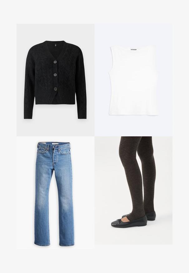 Zwarte cardigan van gebreid textuurstof, met een V-hals, lange mouwen en vier grote knopen aan de voorkant.; Wit nauwsluitend mouwloos tanktopje met een ronde halslijn en minimalistisch ontwerp, met het label "WEEKDAY" aan de binnenkant van de kraag.; Blauwe denim spijkerbroek met een rechte pijpdesign, heeft een hoge taille, klassieke vijf-pocket styling en duidelijke vervaging op de bovenbenen.; Benen met donkere geribbelde leggings gecombineerd met zwarte ballerina's met kleine strikdetails op een witte achtergrond.