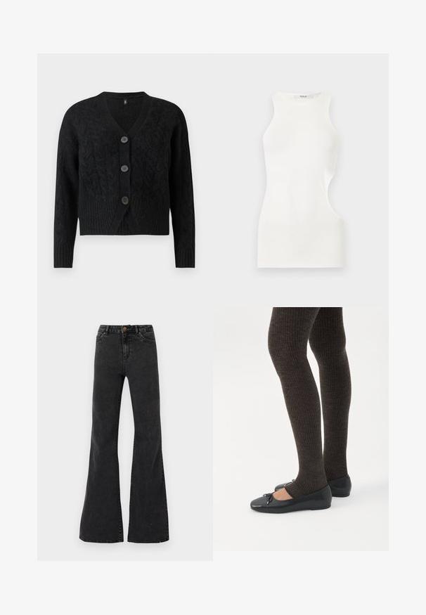 Sort cardigan lavet af tekstureret strikstof, med V-hals, lange ærmer og fire store knapper fortil.; Hvid ærmeløs figursyet top med høj halsudskæring og asymmetrisk sideskæring, lavet af glat stof.; Sorte flare jeans lavet af denim, med høj talje, forlommer og synlige sømme. Glat tekstur med en let glans.; Ben iført mørke ribbede leggings kombineret med sorte balletsko med små sløjfedetaljer på hvid baggrund.