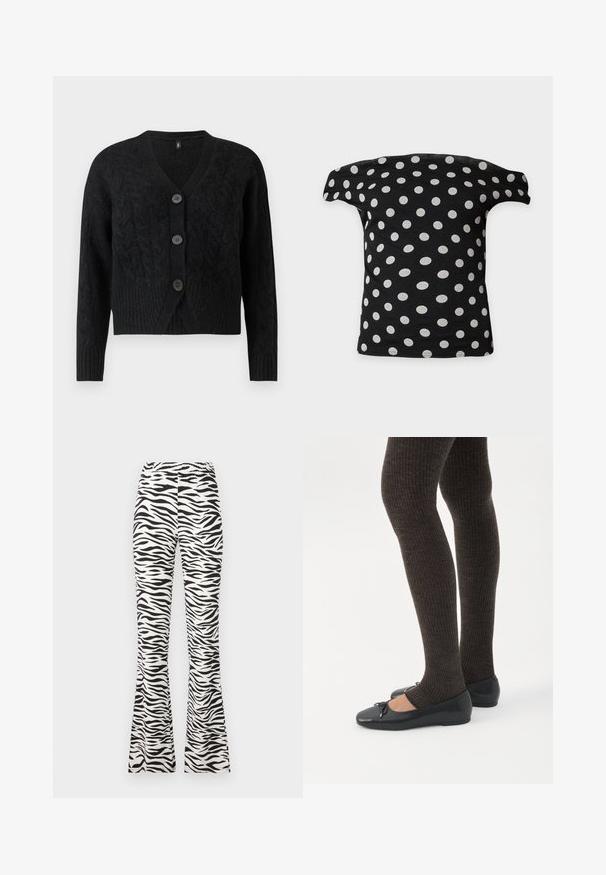 Cardigan noir en tissu tricoté texturé, avec un col en V, des manches longues et quatre grands boutons sur le devant.; Haut noir épaules dénudées avec des pois blancs espacés régulièrement, présenté à plat sur un fond blanc.; Pantalons évasés noir et blanc avec un motif zèbre, fabriqués en tissu léger avec une taille élastique pour plus de confort.; Jambes portant des leggings côtelés foncés associés à des ballerines noires avec de petits détails en nœud sur fond blanc.