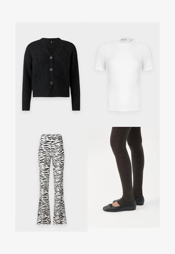Cardigan noir en tissu tricoté texturé, avec un col en V, des manches longues et quatre grands boutons sur le devant.; T-shirt blanc à manches courtes, côtelé, col rond avec une coupe ajustée et une petite étiquette de marque à l'intérieur du col.; Pantalons évasés noir et blanc avec un motif zèbre, fabriqués en tissu léger avec une taille élastique pour plus de confort.; Jambes portant des leggings côtelés foncés associés à des ballerines noires avec de petits détails en nœud sur fond blanc.