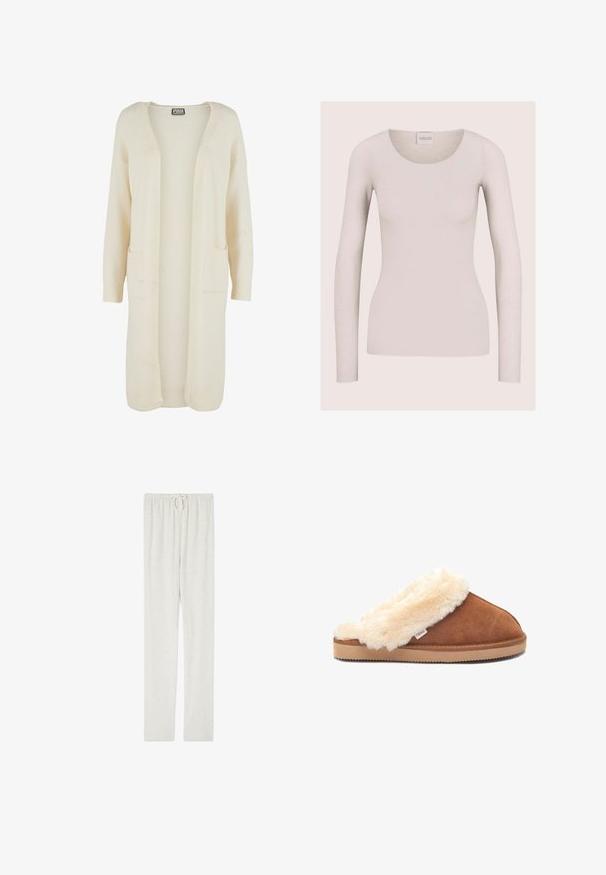Langer Cardigan mit offenem Vorderteil aus weichem, cremefarbenem Stoff. Verfügt über zwei Fronttaschen und gerippte Bündchen. Einfaches, minimalistisches Design.; Langärmliges, hellbeiges, figurbetontes Damenoberteil mit rundem Ausschnitt und ohne sichtbare Muster oder Verzierungen.; American Vintage JOGGING - Jogginghose - gris chine; Braune Wildlederpantolette mit einem flauschigen, cremefarbenen Fellkragen und einer hellen Gummisohle, die ein kleines Markenlabel an der Seite trägt.