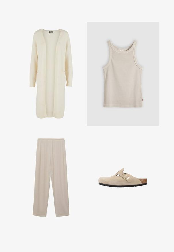 Cardigan long à ouverture avant, en tissu doux de couleur crème. Comprend deux poches avant et des poignets côtelés. Design simple et minimaliste.; Débardeur beige côtelé sans manches avec encolure ronde et coupe ajustée, présenté sur un fond gris.; Pantalons en coton beige légers, avec une coupe droite, une taille élastique et une texture douce. Pas de motifs ni de matériel visible.; Sabots en suède beige à enfiler, avec un bout arrondi, une sangle réglable, une semelle en liège et une semelle extérieure en caoutchouc noir pour une bonne adhérence.