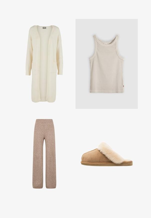 Langer Cardigan mit offenem Vorderteil aus weichem, cremefarbenem Stoff. Verfügt über zwei Fronttaschen und gerippte Bündchen. Einfaches, minimalistisches Design.; Beiges ärmelloses Tanktop mit Rippstruktur, rundem Halsausschnitt und schmaler Passform, vor einem grauen Hintergrund dargestellt.; Strickweite-Hosen in einem hellbraunen Farbton mit einem gerippten Bund und Bündchen, aus einem weichen, strukturierten Stoff. Keine sichtbaren Taschen.; Beige Wildlederschlappen mit einem weichen, flauschigen Innenfutter aus cremefarbener Schafsleder. Verfügt über eine flache, strukturierte Gummisohle für einen sicheren Halt.