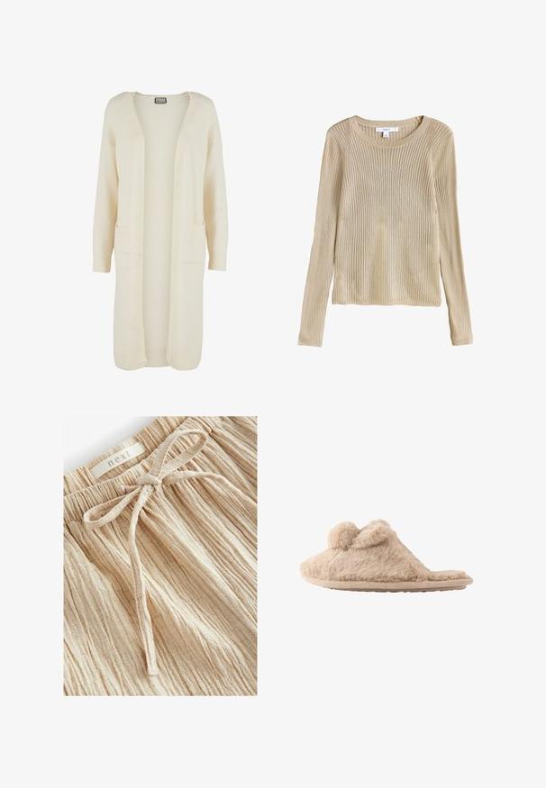 Lang, åben-front cardigan i blødt cremefarvet stof. Har to forlommer og ribstrikkede manchetter. Enkel, minimalistisk design.; Beige ribstrikket langærmet sweater med rund halsudskæring og slim fit, vist fladt med synligt mærke ved kraven.; Beige teksturerede shorts med en samlet talje og en frontbinding, lavet af let stof med fine, lodrette linjer.; Beige, fløjlsblød hjemmesko med to pomponer på toppen og en flad sål, designet til indendørs brug.