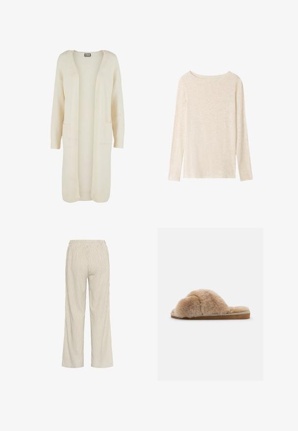 Lang, åben-front cardigan i blødt cremefarvet stof. Har to forlommer og ribstrikkede manchetter. Enkel, minimalistisk design.; Langærmet, lysebeige striktop med bådudskæring og subtil meleret tekstur.; Lys beige stribede bukser med løs pasform, der har en elastisk talje og lodrette linjer, som skaber et tekstureret udseende.; Fuzzy beige hjemmesko med blød tekstur, åben bag og indvendig foring. Flad sål med en lysebrun bund og beige syning.