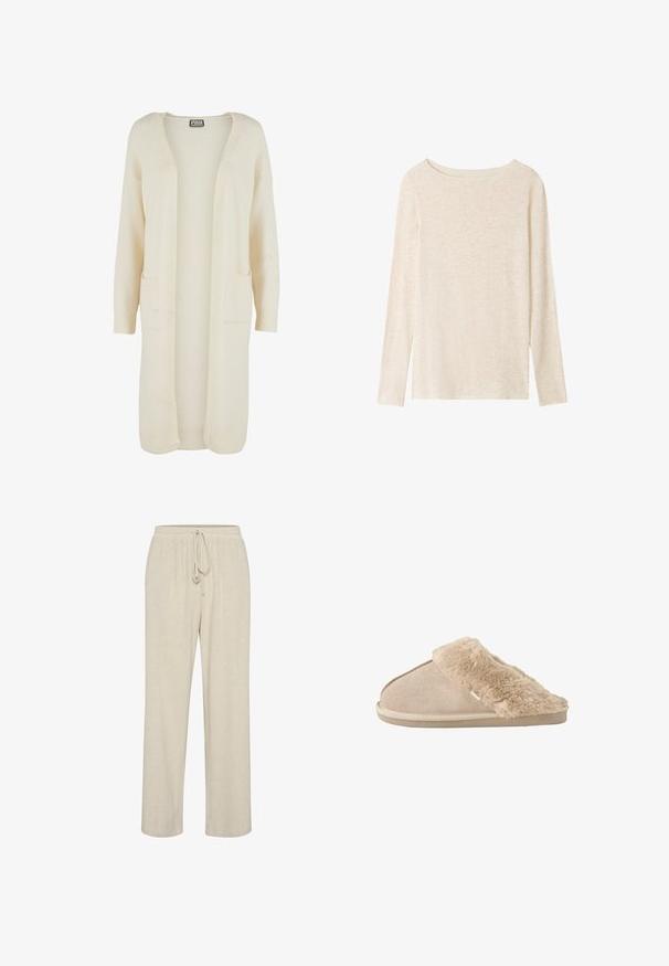 Lang, åben-front cardigan i blødt cremefarvet stof. Har to forlommer og ribstrikkede manchetter. Enkel, minimalistisk design.; Langærmet, lysebeige striktop med bådudskæring og subtil meleret tekstur.; Beige linnedbukser med elastisk talje og justerbar snoretræk, med et lige ben-design og en subtil tekstur.; Beige slip-on tøfler med blødt ruskind yderside og blødt, fluffy inderfor og manchet, designet til komfort indendørs.