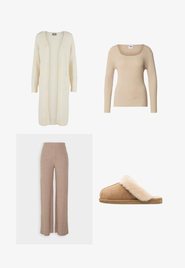 Lange, openvallende cardigan in zachte crème kleurige stof. Voorzien van twee steekzakken en geribbelde boorden. Eenvoudig, minimalistisch ontwerp.; Beige ribgebreide trui met een vierkante halslijn en lange mouwen, gemaakt van zachte, gestructureerde stof. Eenvoudig ontwerp, geschikt om te combineren.; Beige geribbelde wijde broek met een hoge tailleband en zachte textuur, met een losse pasvorm en zonder zichtbare sluitingen.; Beige suède instapschoen met een zachte, fluffy crème schapenvachtvoering. Voorzien van een platte, gestructureerde rubberen zool voor grip.