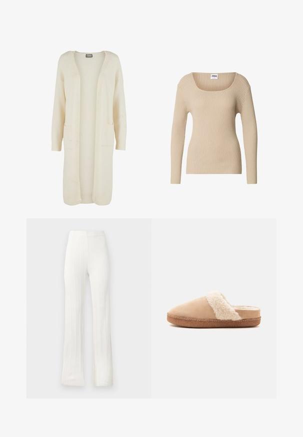 Cardigan long à ouverture avant, en tissu doux de couleur crème. Comprend deux poches avant et des poignets côtelés. Design simple et minimaliste.; Pull côtelé beige avec un col carré et des manches longues, fabriqué en tissu doux et texturé. Design simple, idéal pour superposer.; Pantalons blancs évasés en tissu texturé avec des nervures verticales. Ceinture élastique, sans fermetures ni poches visibles.; Chausson beige à enfiler avec une doublure blanche douce et moelleuse et une semelle en caoutchouc marron, vu de profil sur un fond uni.