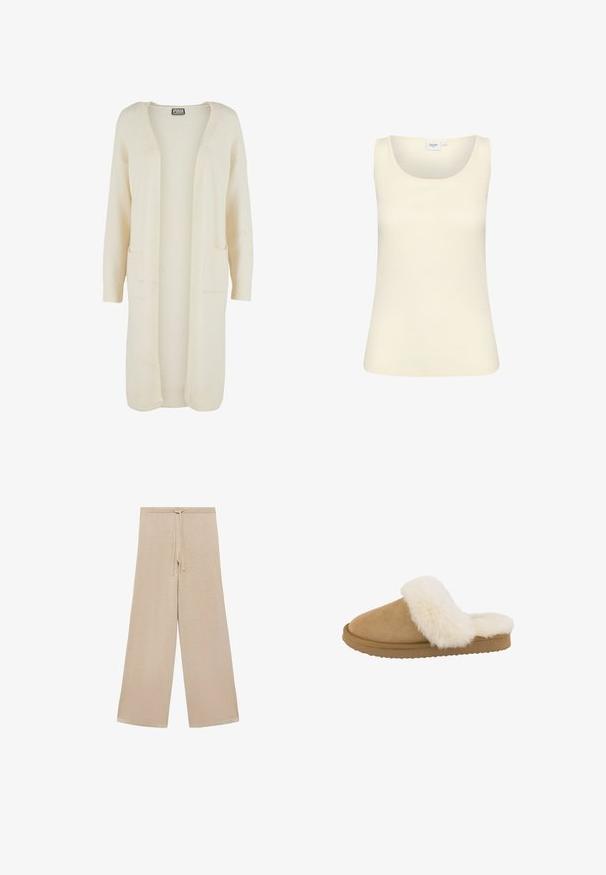 Lange, openvallende cardigan in zachte crème kleurige stof. Voorzien van twee steekzakken en geribbelde boorden. Eenvoudig, minimalistisch ontwerp.; Lichtcrème mouwloos topje met een ronde halslijn. Gemaakt van zacht, glad materiaal met een aansluitend ontwerp en geen zichtbare patronen. Etiket met de naam "Saint."; Beige wijde broek gemaakt van zachte stof, met een verstelbare tailleband en een gladde textuur, zonder patronen of extra hardware.; Tan suède slipper met een crèmekleurige nepbont kraag, ronde neus en een gestructureerde rubberen zool. Heeft een instapontwerp voor comfortabel aan- en uittrekken.