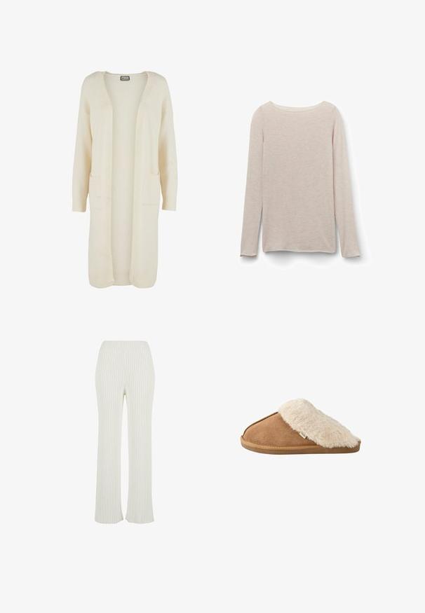 Lange, openvallende cardigan in zachte crème kleurige stof. Voorzien van twee steekzakken en geribbelde boorden. Eenvoudig, minimalistisch ontwerp.; Lichtroze T-shirt met lange mouwen en een ontspannen ronde hals, gemaakt van zachte stof met een subtiele heatherstructuur.; Crème ribbel gebreide broek met een uitlopende snit. Voorzien van een brede elastische tailleband en verticale strepen voor extra textuur.; Bruine instapslipper met zachte beige nep bont voering en zool, zijkant gezien op witte achtergrond.