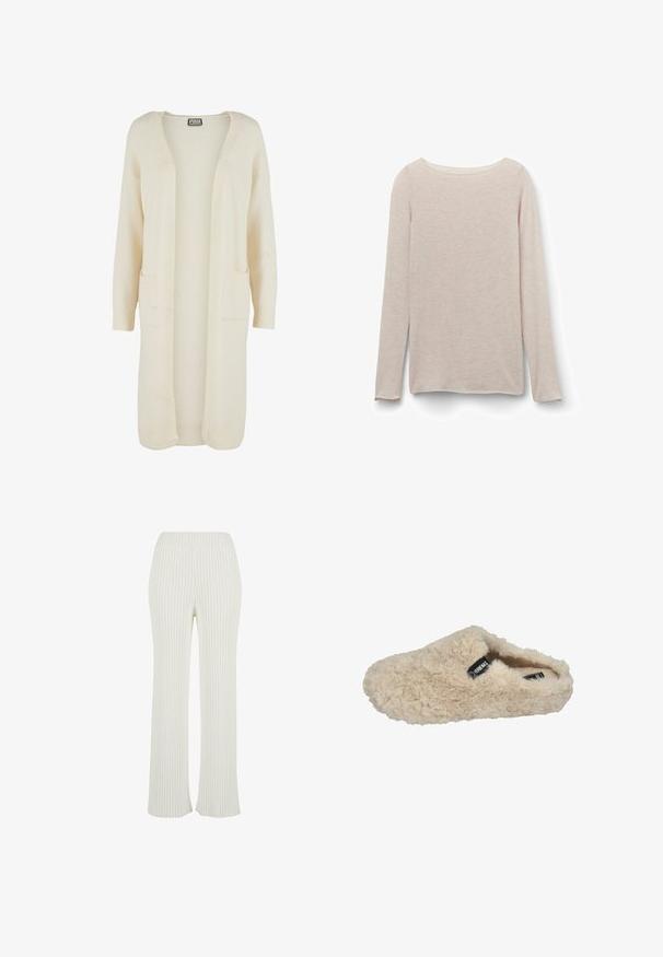 Cardigan largo de tejido suave color crema con apertura frontal. Presenta dos bolsillos delanteros y puños acanalados. Diseño simple y minimalista.; Camiseta de manga larga rosa claro con un escote redondo relajado, hecha de una tela suave con una sutil textura jaspeada.; Pantalones de punto acanalado de color crema con un diseño acampanado. Cuenta con una amplia cinturilla elástica y rayas verticales para mayor textura.; VERBENAS Pantuflas - beig