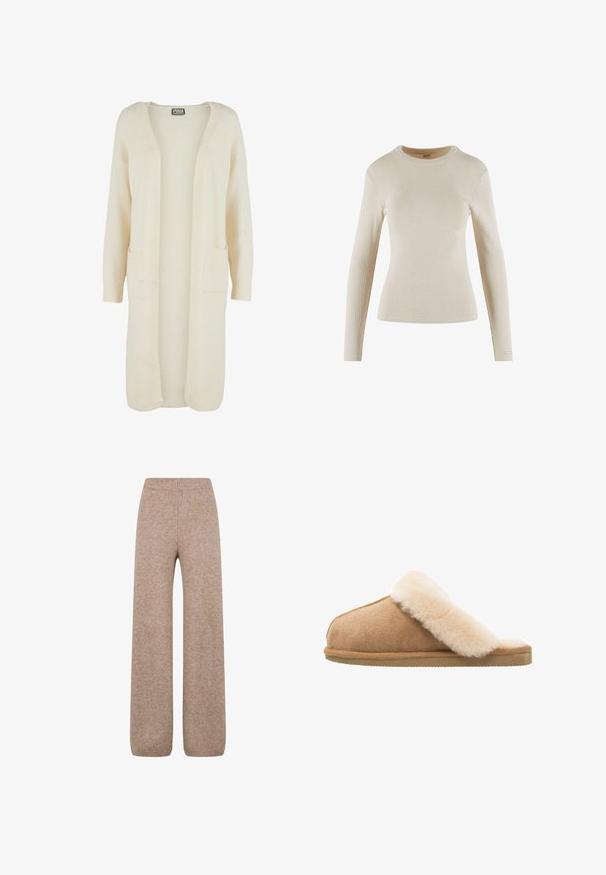 Langer Cardigan mit offenem Vorderteil aus weichem, cremefarbenem Stoff. Verfügt über zwei Fronttaschen und gerippte Bündchen. Einfaches, minimalistisches Design.; Beige langärmliges Rippoberteil mit Rundhalsausschnitt; hat ein tailliertes Design und ein kleines Logo-Detail am Bündchen.; Strickweite-Hosen in einem hellbraunen Farbton mit einem gerippten Bund und Bündchen, aus einem weichen, strukturierten Stoff. Keine sichtbaren Taschen.; Beige Wildlederschlappen mit einem weichen, flauschigen Innenfutter aus cremefarbener Schafsleder. Verfügt über eine flache, strukturierte Gummisohle für einen sicheren Halt.