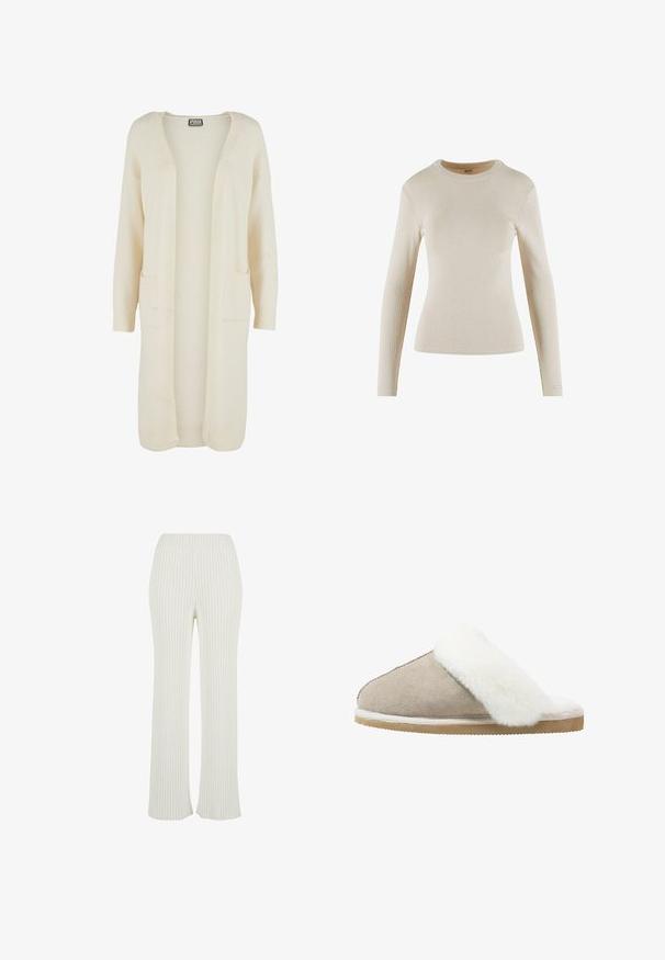 Cardigan long à ouverture avant, en tissu doux de couleur crème. Comprend deux poches avant et des poignets côtelés. Design simple et minimaliste.; Haut beige à manches longues en côte avec un col rond ; présente un design ajusté et un petit logo en détail sur le poignet.; Pantalons en tricot côtelé crème avec un design évasé. Présente une large taille élastique et des rayures verticales pour ajouter de la texture.; Mocassin en daim beige clair avec une bande de fourrure blanche duveteuse sur le dessus, doté d'une semelle extérieure texturée pour une meilleure adhérence et un confort optimal.