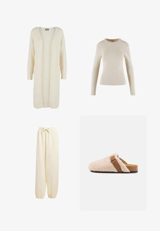 Langer Cardigan mit offenem Vorderteil aus weichem, cremefarbenem Stoff. Verfügt über zwei Fronttaschen und gerippte Bündchen. Einfaches, minimalistisches Design.; Beige langärmliges Rippoberteil mit Rundhalsausschnitt; hat ein tailliertes Design und ein kleines Logo-Detail am Bündchen.; Beige, locker sitzende Sweatpants aus weichem Material. Sie verfügen über einen elastischen Bund mit Kordelzug und elastische Bündchen an den Knöcheln.; Beige Schaffell-Mokassins mit einem braunen Wildlederriemen, Korkfußbett und strukturiertem Gummiaußensohle, entworfen für Komfort und legere Trageweise.