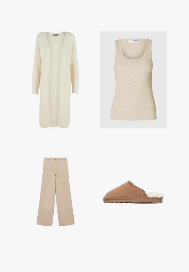 Langer Cardigan mit offenem Vorderteil aus weichem, cremefarbenem Stoff. Verfügt über zwei Fronttaschen und gerippte Bündchen. Einfaches, minimalistisches Design.; Beige gerippter Tanktop mit einem Rundhalsausschnitt und breiten Schulterträgern. Hergestellt aus weichem Material und mit einer figurbetonten Silhouette.; Beige weit geschnittene Hose aus weichem Stoff, mit einem Kordelzugbund und glatter Textur, ohne Muster oder zusätzliche Hardware.; Braune Wildlederschuhe mit weichem, weißem Fellfutter, abgerundeter Zehenpartie, strukturiertem Obermaterial und einer flachen Gummisohle mit Zickzackmuster.