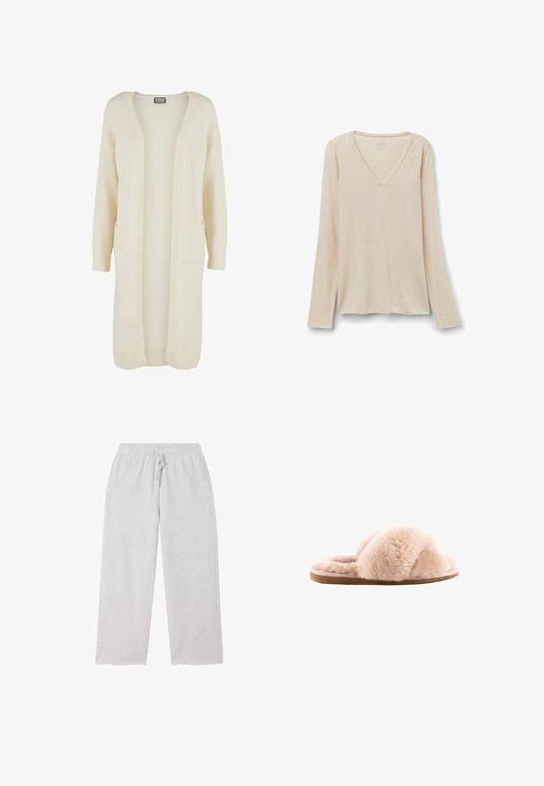 Langer Cardigan mit offenem Vorderteil aus weichem, cremefarbenem Stoff. Verfügt über zwei Fronttaschen und gerippte Bündchen. Einfaches, minimalistisches Design.; Langärmliges V-Ausschnitt-Oberteil aus leicht beigem Stoff mit weicher Textur. Entspannte Passform mit geradem Saum und minimalistischem Design.; Hellgraue Sweatpants mit weitem Bein, elastischem Bund und Kordelzug sowie Taschen auf beiden Seiten.; Flauschige hellbeige Hausschuhe mit überkreuzten Riemen, aus weichem Material auf einer flachen, hellbraunen Gummisohle. Weicher Stoff überall.