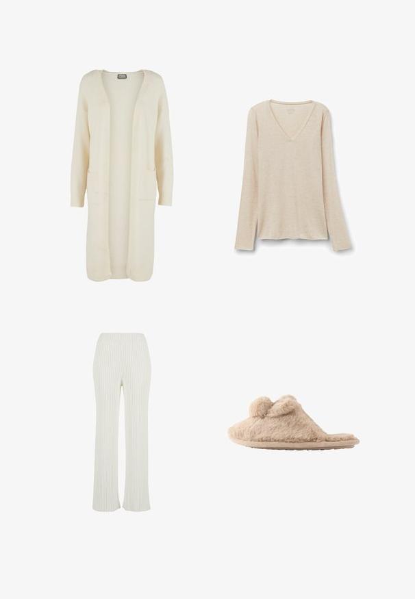 Lang, åben-front cardigan i blødt cremefarvet stof. Har to forlommer og ribstrikkede manchetter. Enkel, minimalistisk design.; Langærmet V-hals top i lys beige stof med en blød tekstur. Afslappet pasform med lige kant og minimalistisk design.; Cremefarvede ribstrikkede bukser med flared design. Har en bred elastisk talje og lodrette striber for ekstra tekstur.; Beige, fløjlsblød hjemmesko med to pomponer på toppen og en flad sål, designet til indendørs brug.