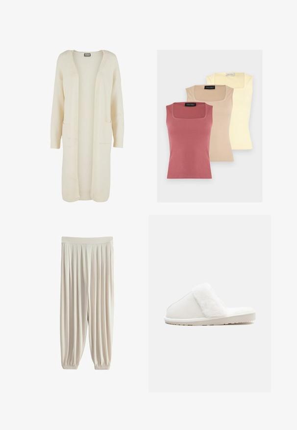 Langer Cardigan mit offenem Vorderteil aus weichem, cremefarbenem Stoff. Verfügt über zwei Fronttaschen und gerippte Bündchen. Einfaches, minimalistisches Design.; Drei gerippte, ärmellose Oberteile mit eckigen Ausschnitten in Staubrosa, Beige und Hellgelb, diagonal gestapelt.; Lockere beigefarbene plissierte Hose mit elastischem Bund und Knöchelbündchen, gestaltet für eine bequeme, lässige Passform.; Weißer Hausschuh mit einem weichen Kunstfellband, Filzoberteil, gepolsterter Sohle und einer strukturierten Gummisohle für rutschfesten Halt. Einfaches, rundes Design.