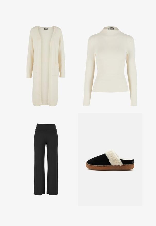 Lang, åben-front cardigan i blødt cremefarvet stof. Har to forlommer og ribstrikkede manchetter. Enkel, minimalistisk design.; Cremefarvet langærmet top med tætsiddende pasform, høj hals og elastisk materiale. Har en glat tekstur og minimal syningsdetalje.; Sorte, brede bukser med et højt, draperet talje bånd lavet af et blødt, strækbart materiale, der har glatte, jævne syninger og ingen synlige mønstre.; Sort slip-on hjemmesko med cremefarvet fluffy foring og brun sål, designet til indendørs komfort.