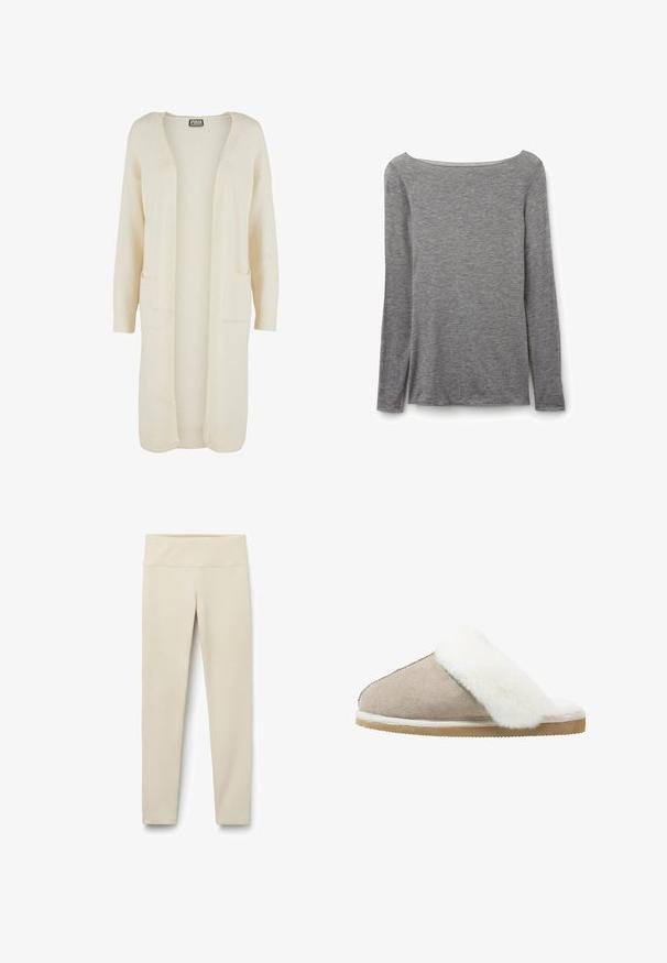 Cardigan largo de tejido suave color crema con apertura frontal. Presenta dos bolsillos delanteros y puños acanalados. Diseño simple y minimalista.; Top gris ajustado de manga larga con un escote barco amplio, hecho de tela de punto suave y ligera.; Leggings beige con una cinturilla alta y ancha, fabricados con una tela suave y elástica. Diseño de pierna recta sin costuras o patrones visibles.; Zapatilla de ante tipo slip-on en beige claro con una banda de piel de peluche blanca en la parte superior, que cuenta con una suela texturizada para mayor agarre y comodidad.