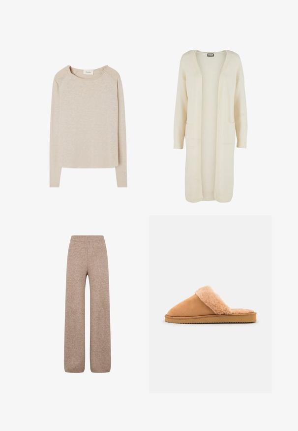 Lang, åben-front cardigan i blødt cremefarvet stof. Har to forlommer og ribstrikkede manchetter. Enkel, minimalistisk design.; Beige langærmet top med et blødt, struktureret stof. Har en rund halsudskæring og raglanærmer. Buet søm med en afslappet pasform.; Strikkede bukser med vidde i en lys brune nuance med en ribbet talje og ribkant. Bukserne har et blødt, tekstureret stof. Ingen synlige lommer.; Even&Odd Hjemmesko - cognac