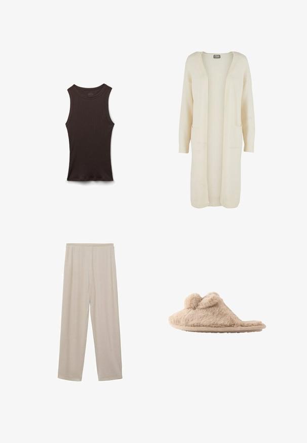 Lang, åben-front cardigan i blødt cremefarvet stof. Har to forlommer og ribstrikkede manchetter. Enkel, minimalistisk design.; Ærmeløs sort ribstrikket tanktop med rund halsudskæring, vist liggende fladt på en hvid baggrund.; Beige, lette bomuldsbukser med lige ben-design, elastisk talje og glat tekstur. Ingen synlige mønstre eller hardware.; Beige, fløjlsblød hjemmesko med to pomponer på toppen og en flad sål, designet til indendørs brug.