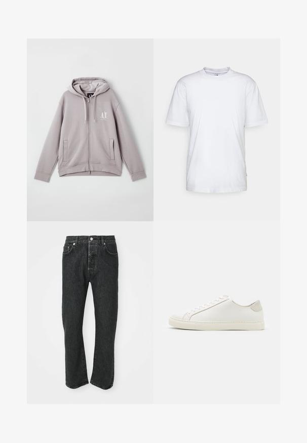 Grå zip-up hoodie lavet af blødt stof, med en central lynlås, forlommer, hætte med snor og et lille logo på brystet.; Hvid bomulds t-shirt med rund hals, korte ærmer og lige kant. Har et lille mærke på den venstre sidesøm.; Sorte lige bukser i denim med frontknap og lynlås, front- og baglommer synlige på en hvid baggrund.; Hvide lædersneakers med en glat overflade, rund tå og minimalistisk design. Funktioner i beige nuancer på hælen og en gummisål.