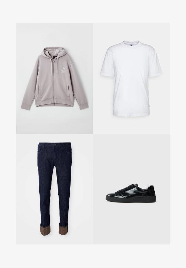 Sivá mikina s kapucňou na zips vyrobená z mäkkej látky, s centrálnym zipsom, prednými vreckami, šnúrkou na kapucni a malým logom na hrudi.; Biela bavlnená tričko s okrúhlym výstrihom, krátkymi rukávmi a rovnými okrajmi. Obsahuje malú značku na bočnom šve na ľavej strane.; Tmavomodré denimové nohavice so sviežim strihom, s rolovanými manžetami z textúrovaného hnedého materiálu s logom. Štandardný dizajn s piatimi vreckami.; Čierne lakované kožené tenisky s okrúhlou špičkou, viazaním, textúrovanou gumenou podrážkou a hladkým povrchom.