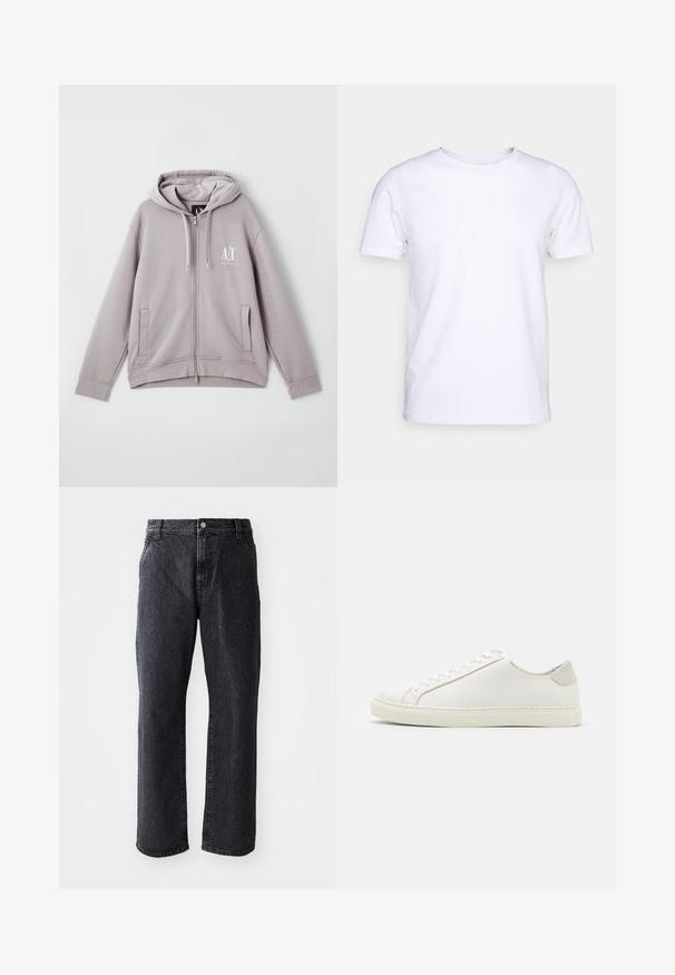 Grijze rits-hoodie van zachte stof, met een centrale rits, voorzakken, een capuchon met trekkoord en een klein logo op de borst.; Witte katoenen t-shirt met korte mouwen en een ronde hals. Eenvoudig ontwerp zonder patronen of accenten. Glad textuur.; Zwarte denim jeans met een rechte pijp, voorzien van een knoopsluiting, vijf zakken en een subtiele textuur. Klassiek ontwerp zonder opvallende patronen.; Witte leren sneaker met een gladde oppervlakte, ronde neus en minimalistisch ontwerp. Heeft beige accenten op de hiel en een rubberen zool.