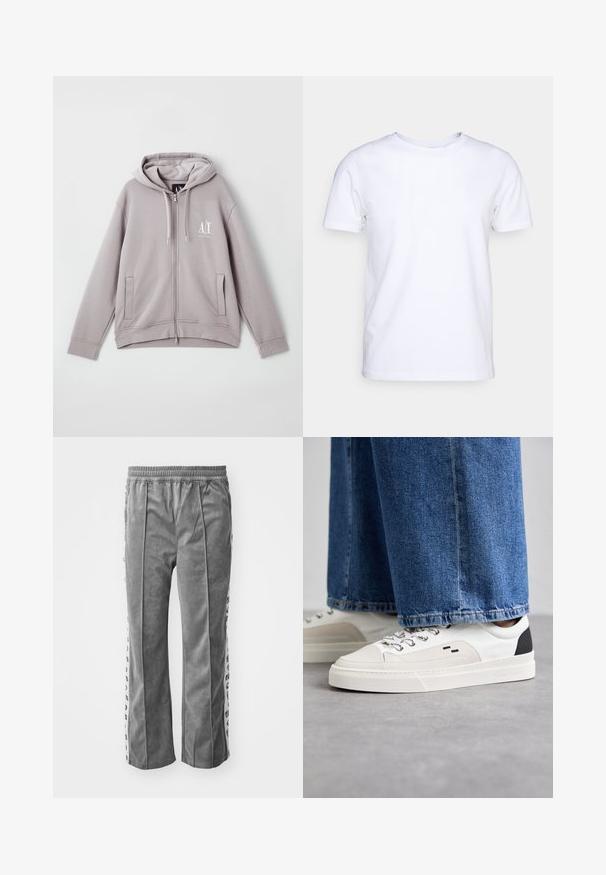Grå zip-up hoodie lavet af blødt stof, med en central lynlås, forlommer, hætte med snor og et lille logo på brystet.; Hvid kortærmet t-shirt i bomuldsstof med rund halsudskæring. Enkel design uden mønstre eller detaljer. Glat tekstur.; Grå velourbukser med elastisk talje, med sidelister med grafiske tryk. Bred ben-design, glat tekstur og ingen lommer.; Hvide og sorte sneakers med en glat læderoverdel, teksturerede detaljer og en kraftig hvid sål. Har et klassisk snørebåndsdesign.