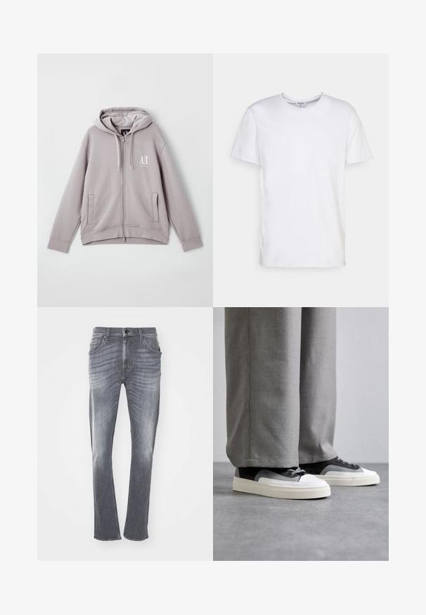 Sivá mikina s kapucňou na zips vyrobená z mäkkej látky, s centrálnym zipsom, prednými vreckami, šnúrkou na kapucni a malým logom na hrudi.; Biely krátky rukáv tričko vyrobené z bavlny. Má okrúhly výstrih a voľný strih bez viditeľných vzorov alebo akcentov.; Sivé denimové džínsy so rovný strihom, s vyblednutou textúrou, piatimi vreckami a pútkami na opasok. Šitý lem a klasické zapínanie na gombík.; Filling Pieces RIVIERA - Tenisky - grey