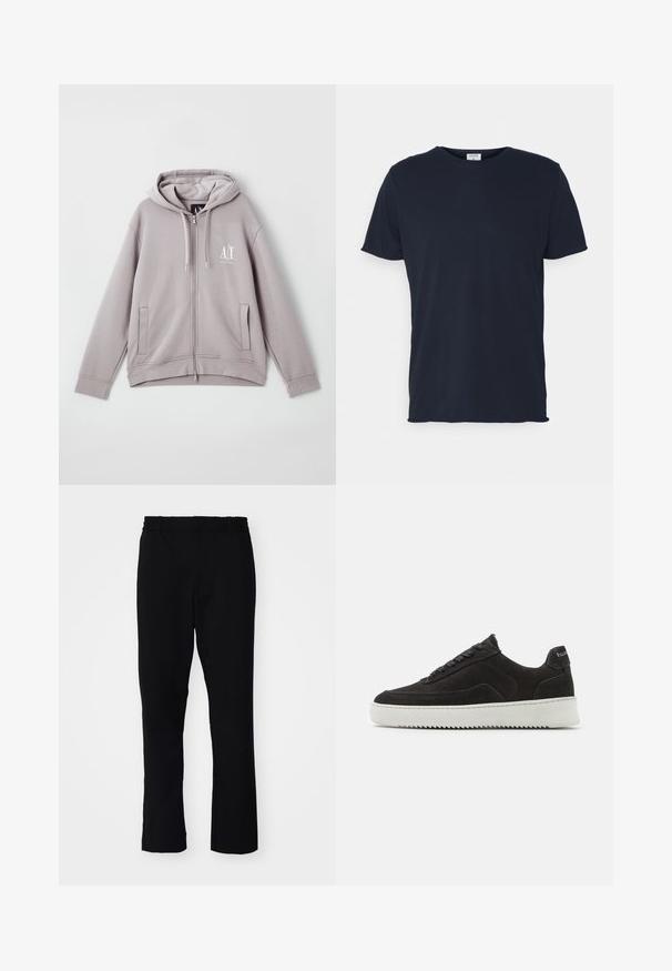 Grijze rits-hoodie van zachte stof, met een centrale rits, voorzakken, een capuchon met trekkoord en een klein logo op de borst.; Navyblauwe katoenen t-shirt met ronde hals en korte mouwen, met een gladde textuur en eenvoudig ontwerp, zonder zichtbare patronen of accenten.; Zwarte broek met een slim fit. Ze hebben een elastische tailleband en rechte pijpen, gemaakt van een gladde stof met een matte afwerking.; Zwarte suède sneakers met een gestructureerde afwerking, voorzien van platte veters en een contrasterende witte rubberen zool met een zigzagpatroon.