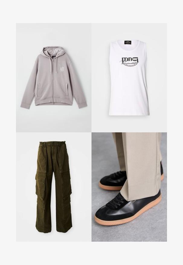 Haut à zip gris en tissu doux, doté d'une fermeture éclair centrale, de poches avant, d'une capuche avec cordon de serrage et d'un petit logo sur la poitrine.; T-shirt sans manches blanche en coton, arborant une impression graphique noire de "MNG Paradise Disco Dancing Club" dans une police en gras et incurvée.; Pantalons cargo en vert olive foncé, fabriqués en coton texturé. Dotés d'une taille élastique, de plusieurs poches latérales et d'une coupe ample.; Paul Smith COMO - Baskets basses - black