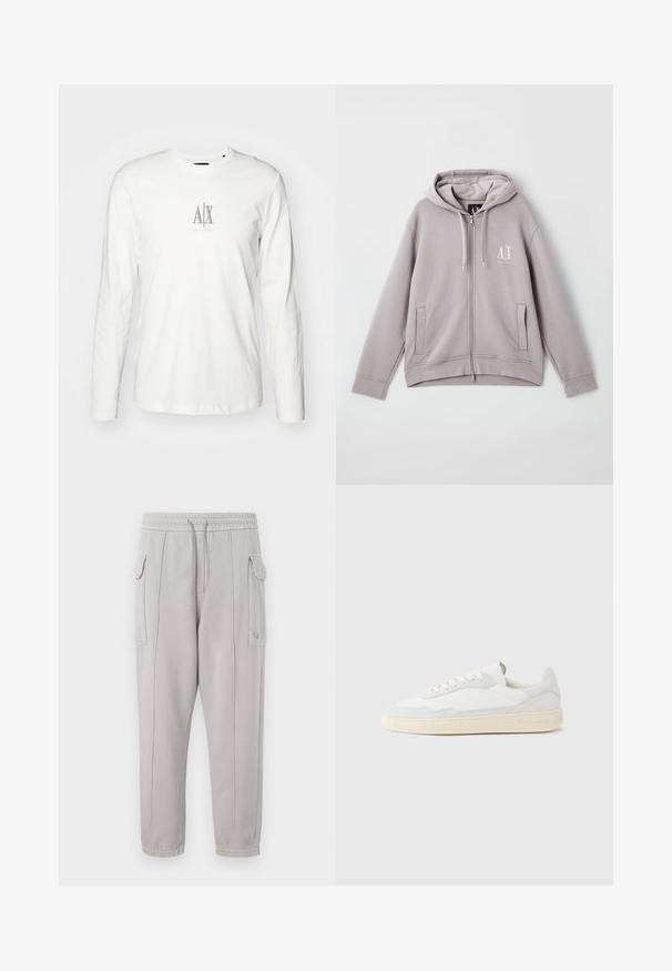 Grijze rits-hoodie van zachte stof, met een centrale rits, voorzakken, een capuchon met trekkoord en een klein logo op de borst.; Wit katoenen t-shirt met lange mouwen, voorzien van een klein beige logo met "AX" in het midden. Gladde textuur en klassieke ronde hals.; Grijze trainingbroek met elastische tailleband, zijzakken en gestikt detail dat verticaal langs de benen loopt. Katoenmengsel textuur.; Witte sneaker met een bovenwerk van gestructureerd suède en leer. Voorzien van een afgeronde neus, vetersluiting en een contrasterende beige rubberen zool.