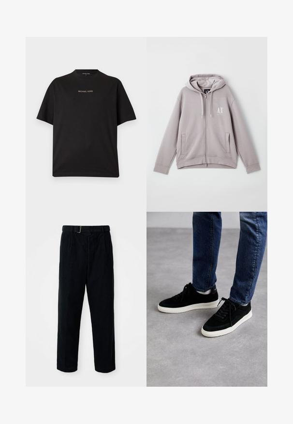 Grijze rits-hoodie van zachte stof, met een centrale rits, voorzakken, een capuchon met trekkoord en een klein logo op de borst.; Zwart T-shirt met korte mouwen en ronde hals met het "MICHAEL KORS"-logo gecentreerd in kleine gouden letters op de borst.; Zwarte corduroy broek met een rechte snit, geplooide voorkant en een riem met een zilveren gesp. Voorzien van zijzakken en een gestructureerde stof.; Zwarte suede sneakers met een witte rubberen zool, met een klassiek low-top ontwerp, een ronde neus en flat zwarte veters.
