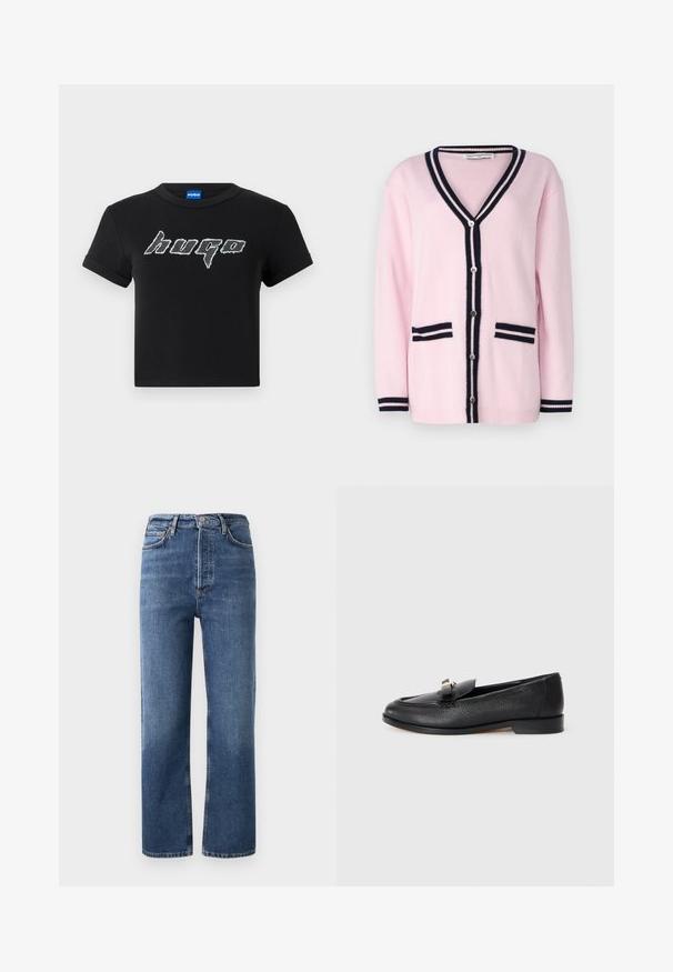pure cashmere BUTTON LONG CARDIGAN - Kardigán - pink; Čierny skrátený tričko vyrobené z bavlny, s veľkým, štýlovým bielym logom "hugo" v grafickom písme. Krátke rukávy a okrúhly výstrih.; Vysoké modré džínsy vyrobené z denimu, s rovnými nohavicami, piatimi vreckami a hardvérom v medených odtieňoch. Hladká textúra a klasický dizajn.; Čierne kožené loafery s textúrovaným povrchom, zaoblenou špicou a dekoratívnym kovovým akcentom na nápadnej časti. Nízky profil podrážky.