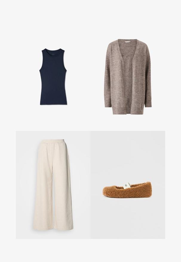 Lysebrun cardigan lavet af blødt strikket stof. Har V-hals, åbent front og lange ærmer med ribbede manchetter.; Navyblå ærmeløs ribstrikket tanktop med rund halsudskæring, figursyet og uden synlige mønstre eller logoer.; Højtsiddende, vide bukser i lysebeige stof. Har en elastisk talje og sidelommer. Blød tekstur med et afslappet design.; Brun, blød hjemmesko med en blød sål og en hvid elastisk rem over toppen på en helt hvid baggrund.