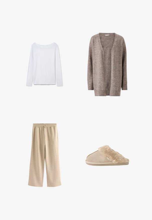 Cardigan de color marrón claro, hecho de un suave tejido de punto. Presenta un escote en V, apertura frontal y mangas largas con puños acanalados.; Camisa blanca de manga larga con cuello barco, mostrada extendida sobre un fondo blanco, mostrando la vista frontal con un diseño simple y sin costuras.; Pantalones de pierna ancha beige fabricados con una tela suave, con una cinturilla elástica y cordones, y una sutil textura moteada en toda su superficie.; Zapatilla beige sin cordones con exterior de ante suave y forro interior y borde mullidos y esponjosos, diseñada para la comodidad en interiores.
