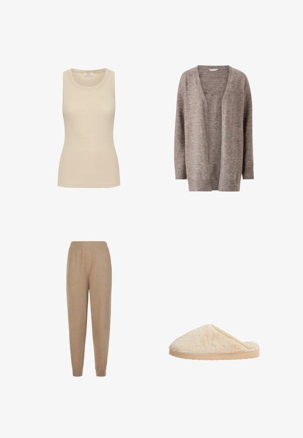 Lysebrun cardigan lavet af blødt strikket stof. Har V-hals, åbent front og lange ærmer med ribbede manchetter.; Beige tanktop lavet af ribbet stof med rund halsudskæring og uden ærmer. Glat tekstur og skræddersyet pasform.; Beige strikkede bukser med elastisk taljebånd, sidelommer og ribkant ved anklerne.; Beige pelslippers med en rund form, tekstureret overflade og en flad, lys farvet gummisål. Har en delikat blondeaccent langs kanten.