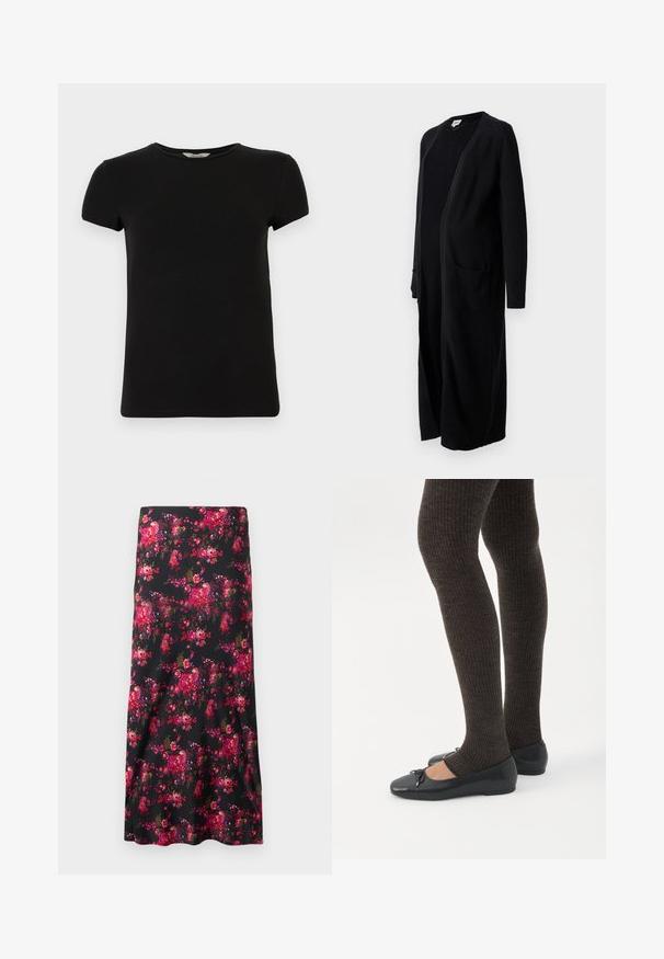 Sort lang cardigan lavet af blødt strikket stof, med åben front, lange ærmer og to forlommer. Enkel design med ribbede manchetter.; Sort kortærmet t-shirt med rund hals, lavet af glat bomuldsstof, med et enkelt design og uden synlige mønstre eller accenter.; Blomstermidi-nederdel i sort med et livligt mønster af pink og røde blomster. Glat stof, A-formet silhuet med en bred kant.; Ben iført mørke ribbede leggings kombineret med sorte balletsko med små sløjfedetaljer på hvid baggrund.