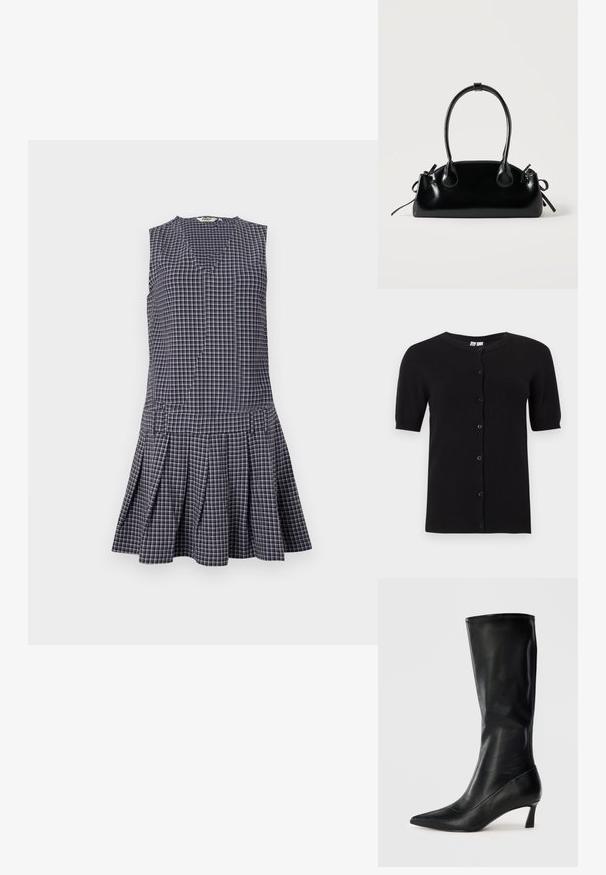 Sort kortærmet cardigan lavet af blødt strikket stof, med rund halsudskæring og knapper foran, samt ribbede manchetter og kant.; Marineblå ternet kjole med V-hals, ærmeløst design, plisseret nederdel og struktureret talje. Fremstillet af letvægtsstof.; Sorte læderknæhøje støvler med spidse tæer og en modest hæl. Glat tekstur og slankt design med subtile syninger.; Lille sort blank håndtaske med to lange håndtag og snøre-detaljer i siden på en ensfarvet lys baggrund.